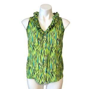 Lilly Pulitzer Silk Sleeveless Top 0 Green Blue Ruffle Button Front